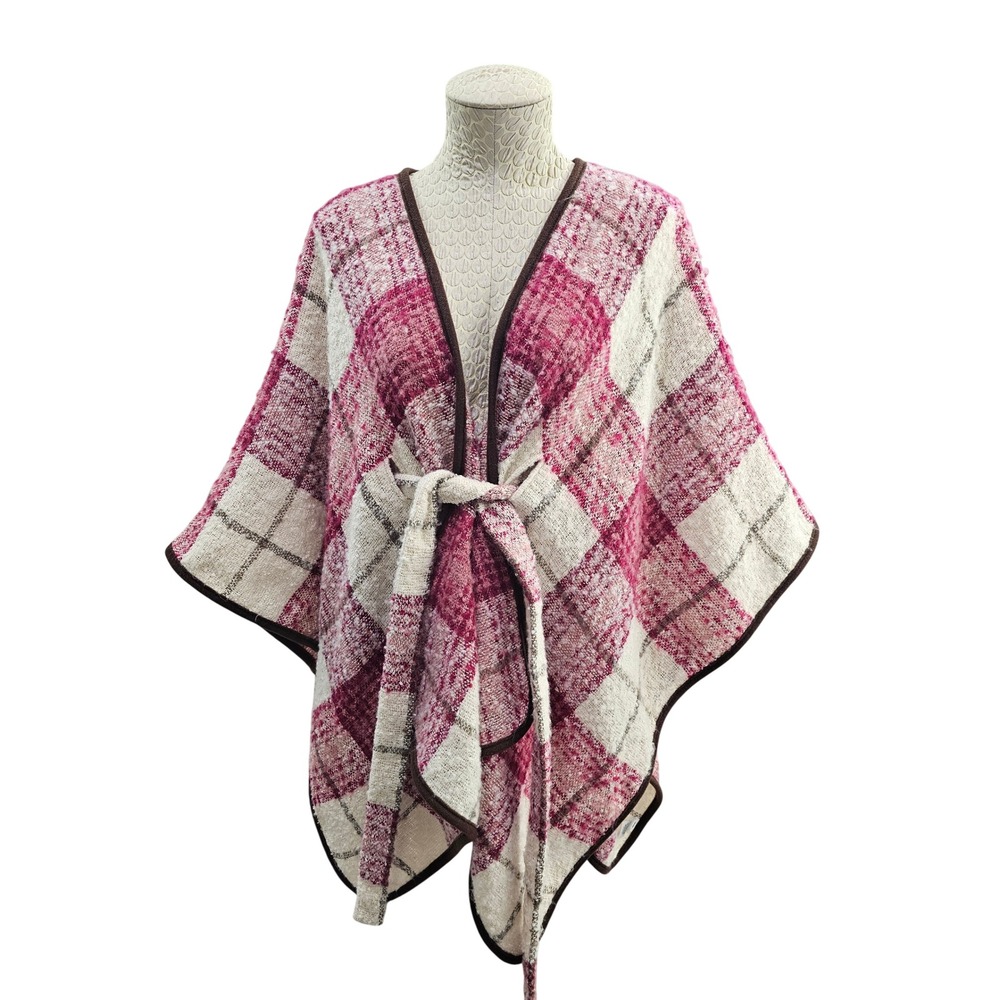 Loft Outlet Plaid Belted Poncho Wrap Women One Size Pink White Soft Knit NWT